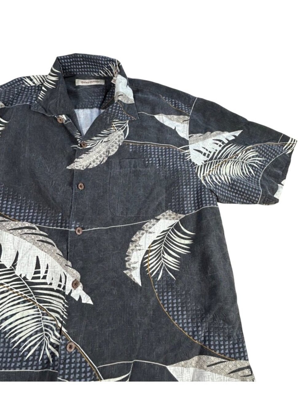 Tommy Bahama Tropical Print Silk Shirt Men's XL Button-Up Black Gray White Beach